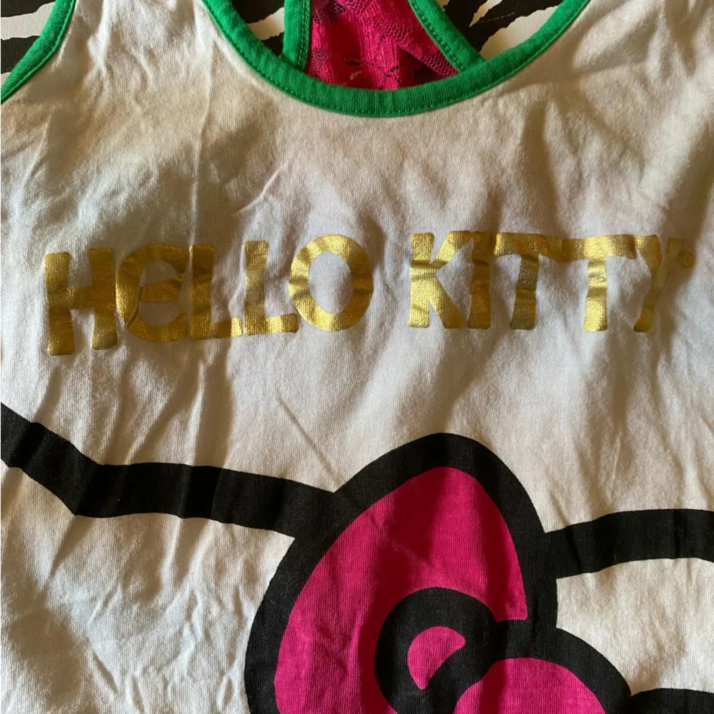 Sanrio Vintage Hot Topic Hello Kitty Pajama set RARE rainbow stitching lace tank - Picture 15 of 16